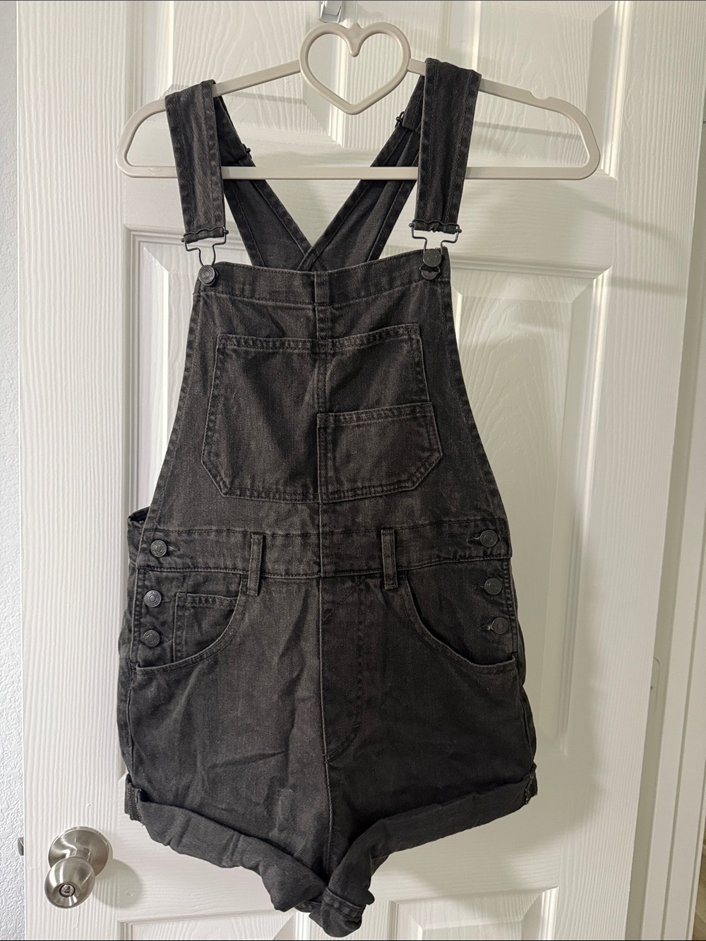 Free People Black Washed Denim Short Overalls